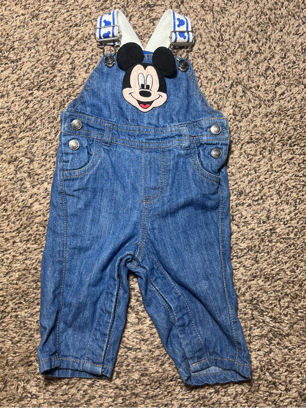 Disney Baby Denim Mickey Overalls in Blue with White Straps